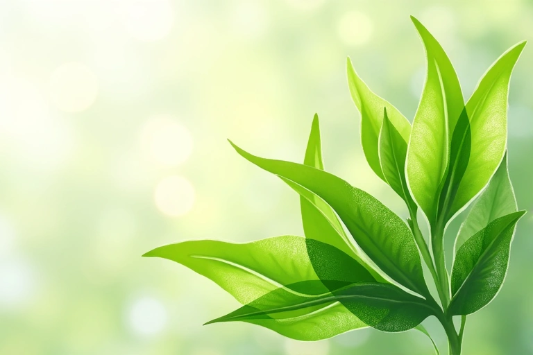 Green tea leaves and a cup, symbolizing natural detox and wellness