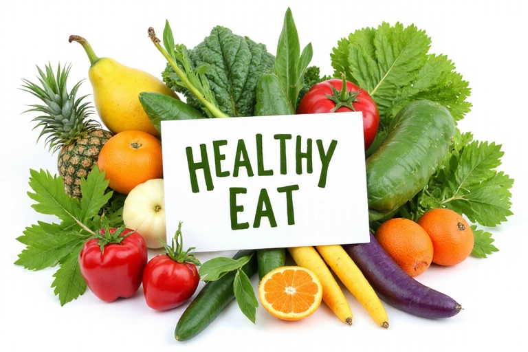 Various colorful fruits and vegetables arranged artfully, representing a balanced diet