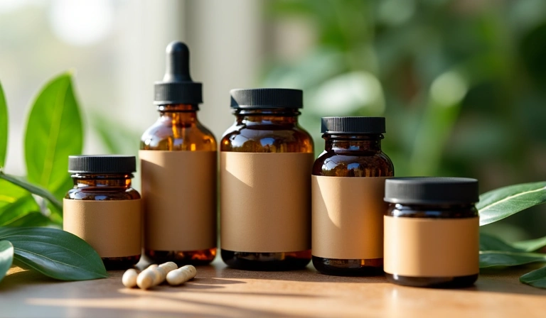 A collection of natural men's health supplements in eco-friendly packaging on a wooden surface.