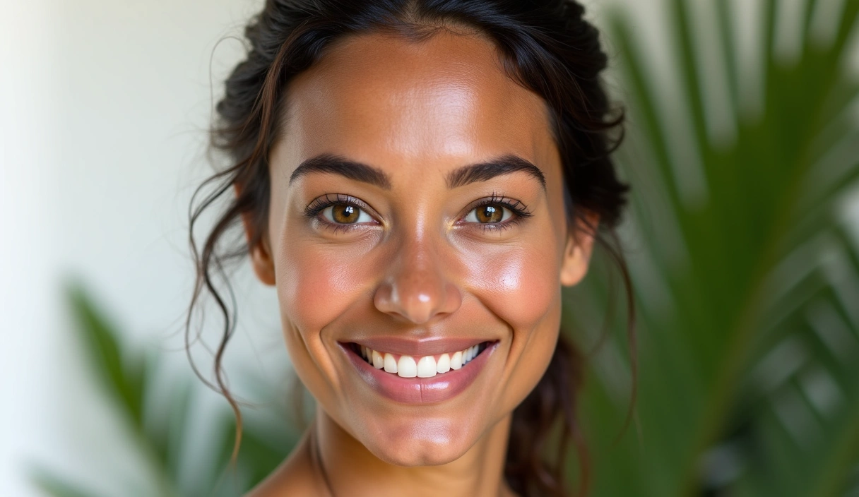 A woman smiling with radiant skin, representing natural beauty and youthfulness.